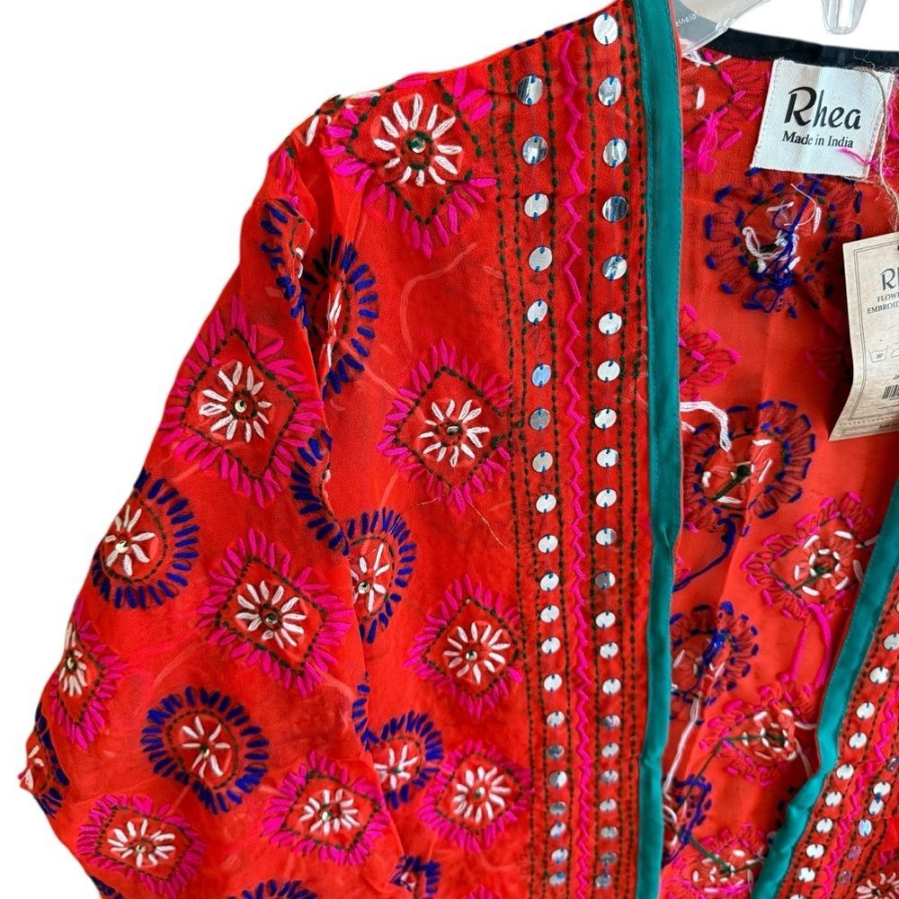 NWT Rhea Vibrant Rhea Red Hand-Embroidered Women's Kimono Style Sheer Jacket- OS - Picture 2 of 8